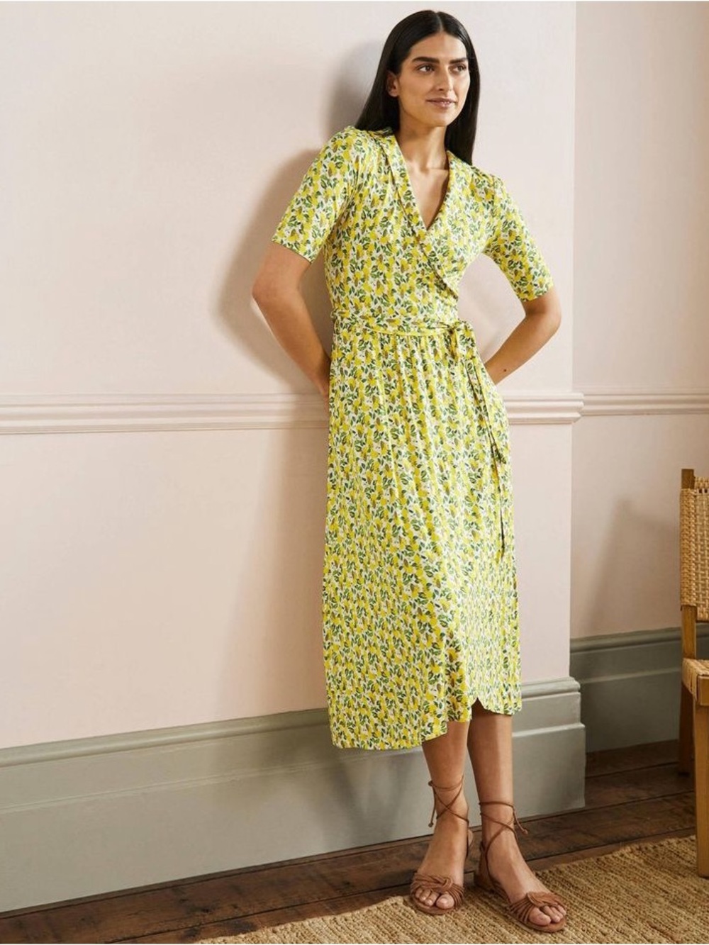 Boden Lavinia Jersey Wrap Midi Dress Ivory Lemon Vine US 8 Regular